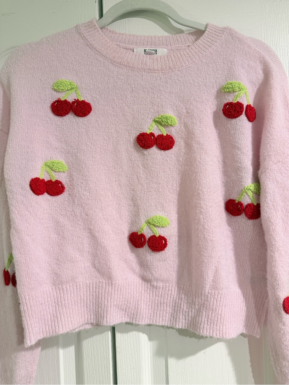 BB Dakota Light Pink Cherry-Appliqué Crewneck Sweater